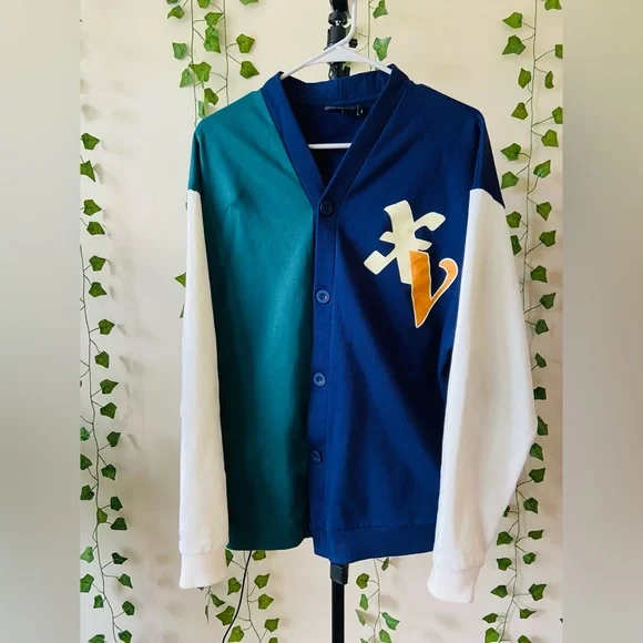 ASOS DESIGN oversized navy color block jersey cardigan with chest print